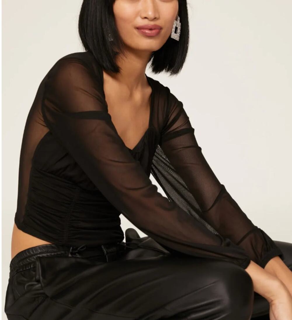 Louna Black Mesh Top SMALL Ruched Sheer Whimsigoth Dark Romance Cropped $150